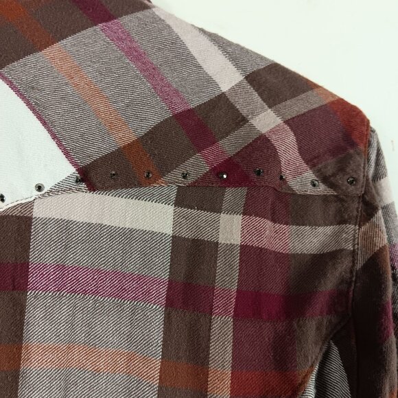 Cowgirl Up Womens Size XL Brown Plaid Western Shirt Pearl Snap With Rhinestone - Picture 4 of 10